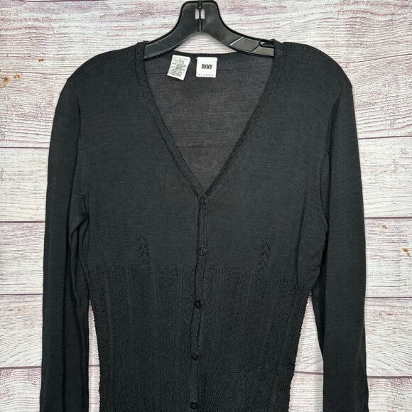 DKNY 100% Cotton Black Beaded Y2K Button Up Vintage Cardigan Size Small - Picture 5 of 7